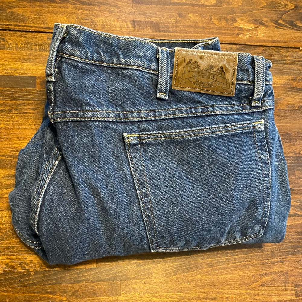 Cabelas Jeans Men's Size 40Wx30L Red Fleece Lined Blue Denim 100% Cotton Dark**